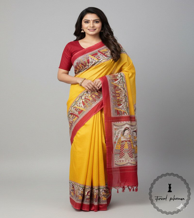 Madhubani Digital Print Katan Silk Saree