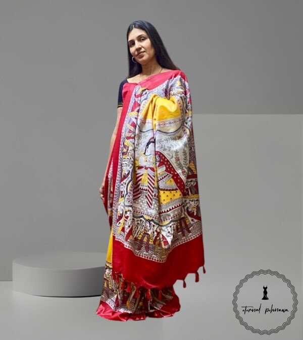 Katan Silk Madhubani print saree