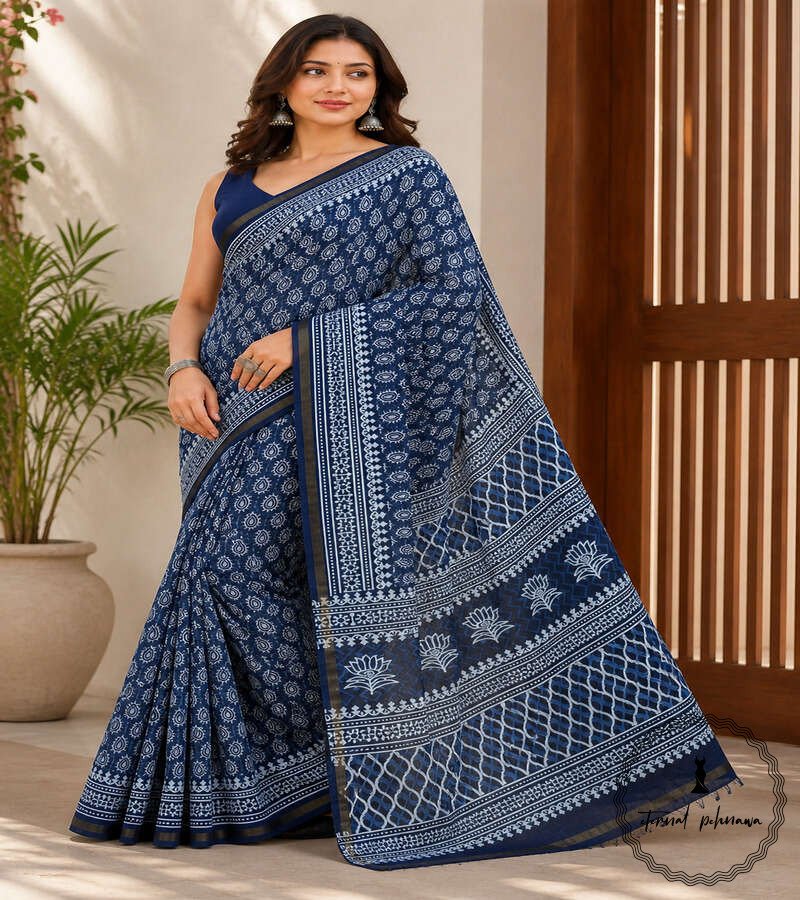 n Printed Chanderi Cotton Silk Saree with Blouse