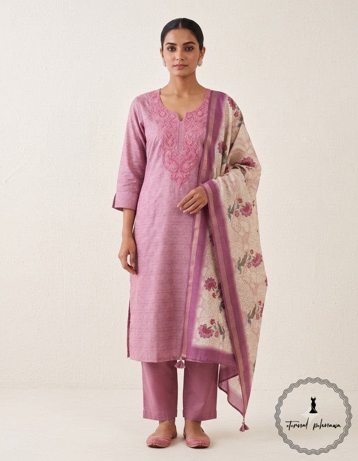 1.1 Beautiful Munga Silk Dress Material With Kantha Hand Embroidery