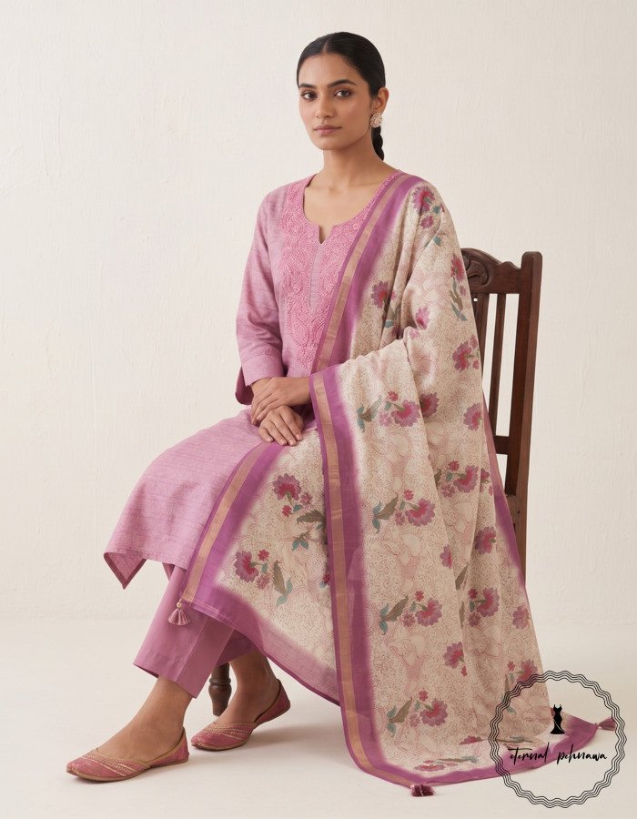 1.2 Beautiful Munga Silk Dress Material With Kantha Hand Embroidery
