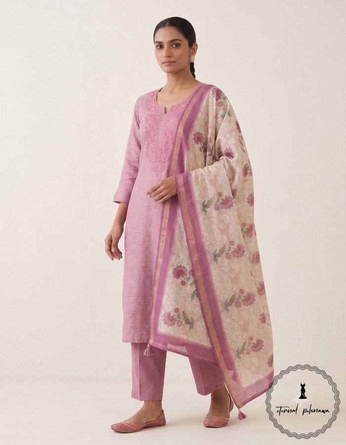 1.3 Beautiful Munga Silk Dress Material With Kantha Hand Embroidery