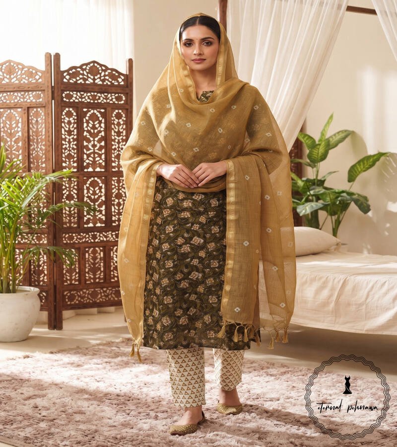 3.1 Exclusive Hand Block Printed Cotton Suits With Organza Dupatta