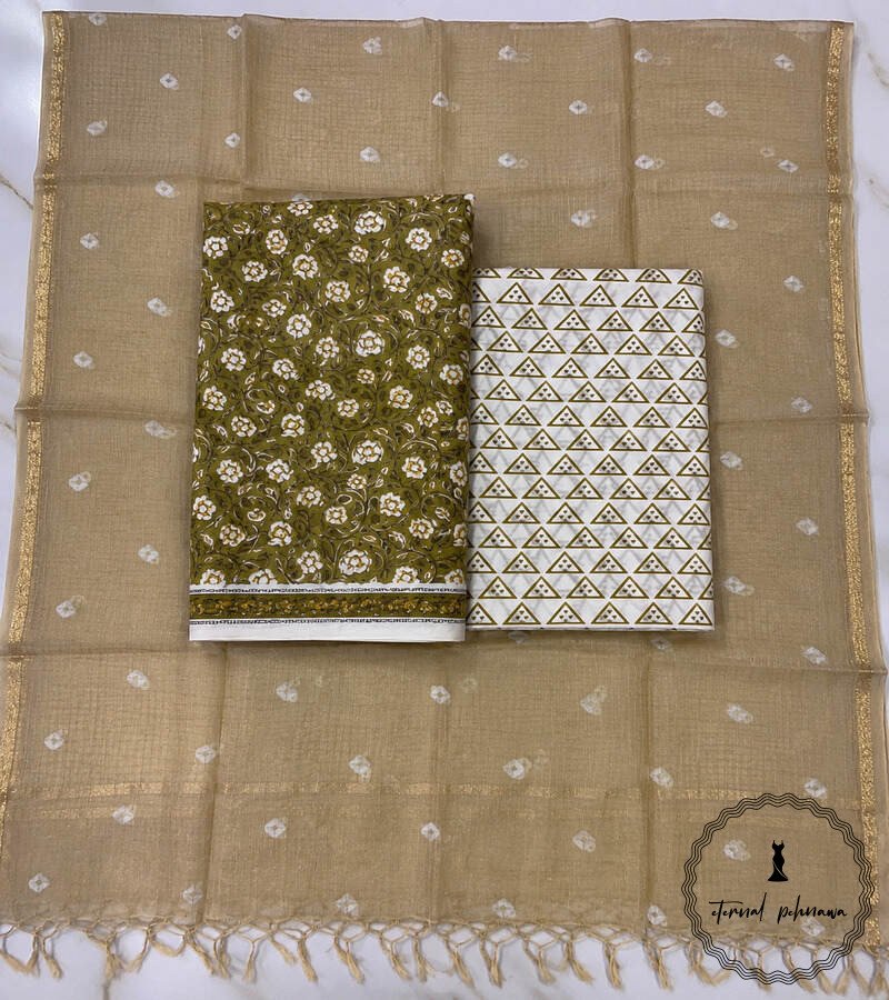 3.4 Exclusive Hand Block Printed Cotton Suits With Organza Dupatta