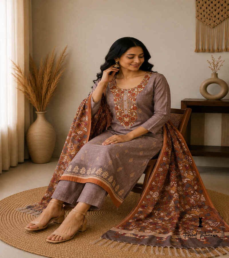 e1 Linen printed with intricate Kantha handwork