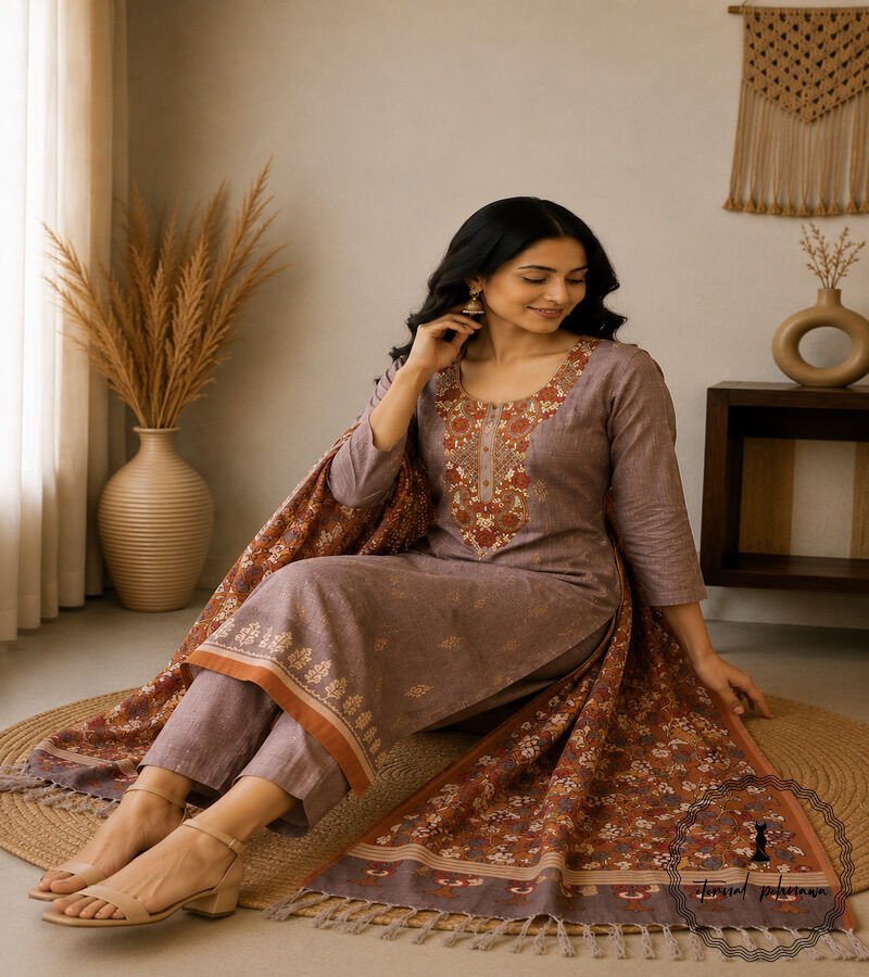 e2 Linen printed with intricate Kantha handwork