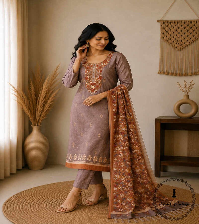 e3 Linen printed with intricate Kantha handwork