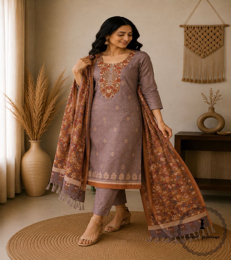e4 Linen printed with intricate Kantha handwork