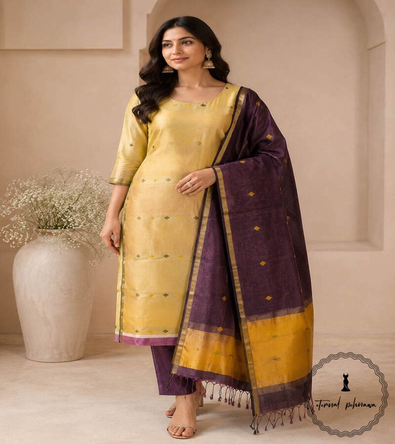 u Premium Handloom Maheshwari Silk Suit Set