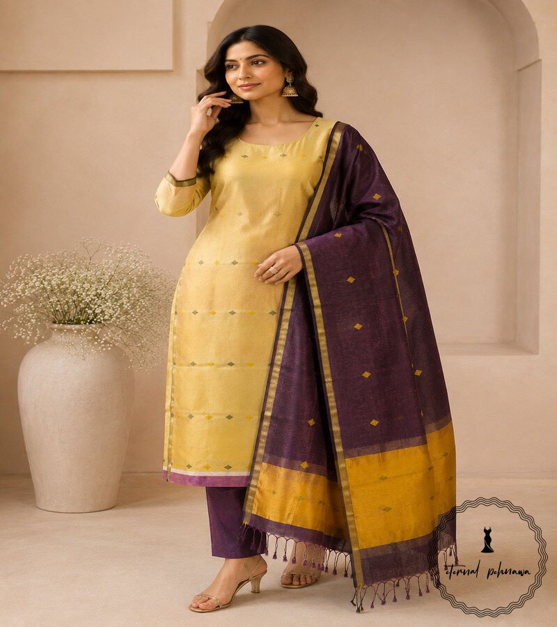 v Premium Handloom Maheshwari Silk Suit Set
