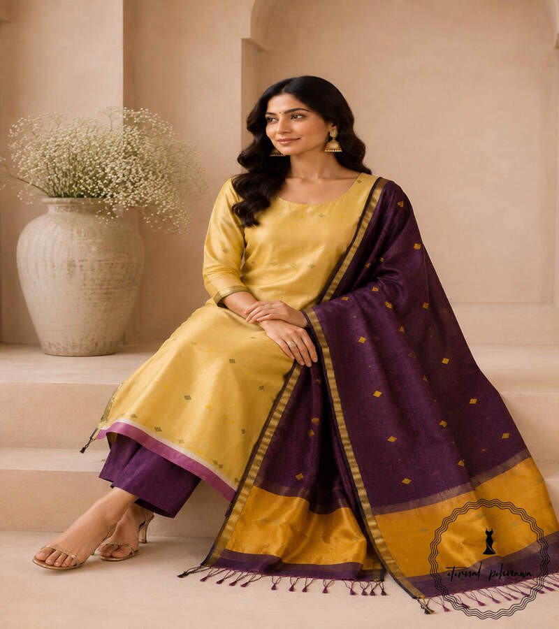 w Premium Handloom Maheshwari Silk Suit Set