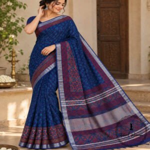 Beautiful Handblock Printed Linen Cotton Saree with Blouse