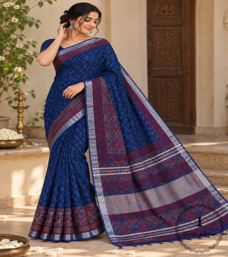 f Beautiful Handblock Printed Linen Cotton Saree with Blouse