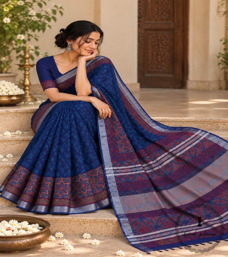 g Beautiful Handblock Printed Linen Cotton Saree with Blouse