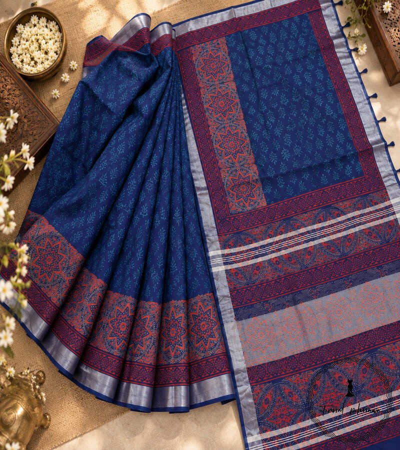 h Beautiful Handblock Printed Linen Cotton Saree with Blouse