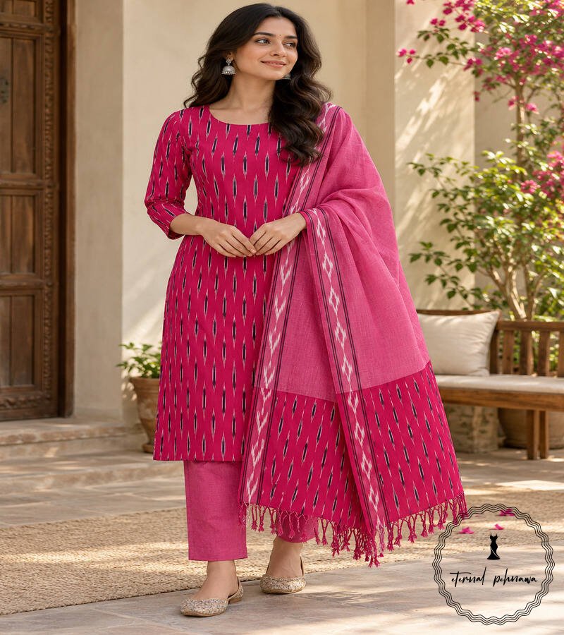 u Pure Cotton Ikkat Suit