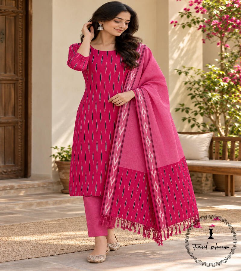 v Pure Cotton Ikkat Suit