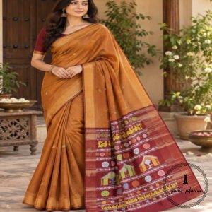 Pure Handloom Raw Silk Saree with Zari & Ikkat Border