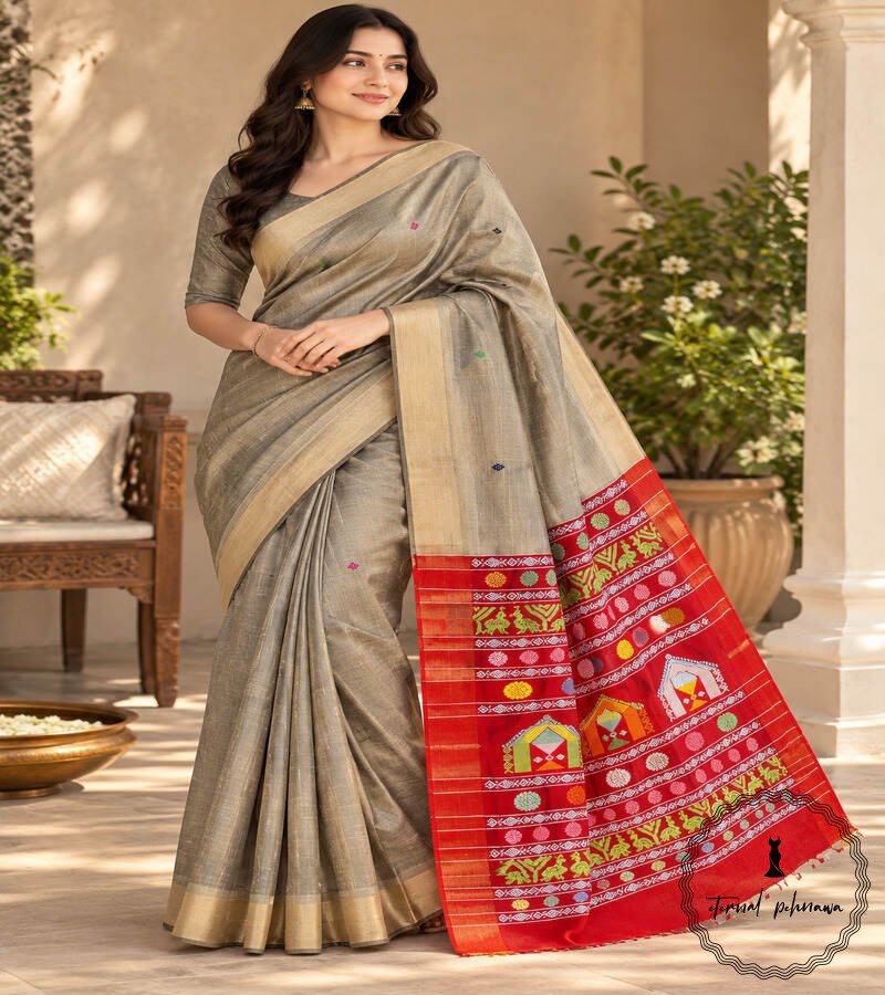 17 Pure Handloom Raw Silk Saree with Zari & Ikkat Border
