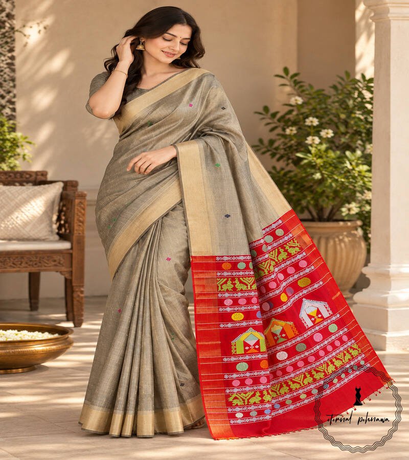 18 Pure Handloom Raw Silk Saree with Zari & Ikkat Border
