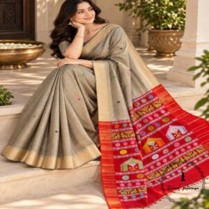 Pure Handloom Raw Silk Saree with Zari & Ikkat Border