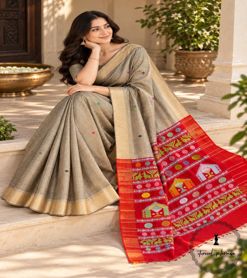 19 Pure Handloom Raw Silk Saree with Zari & Ikkat Border