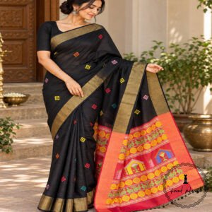 Pure Handloom Raw Silk Saree with Zari & Ikkat Border