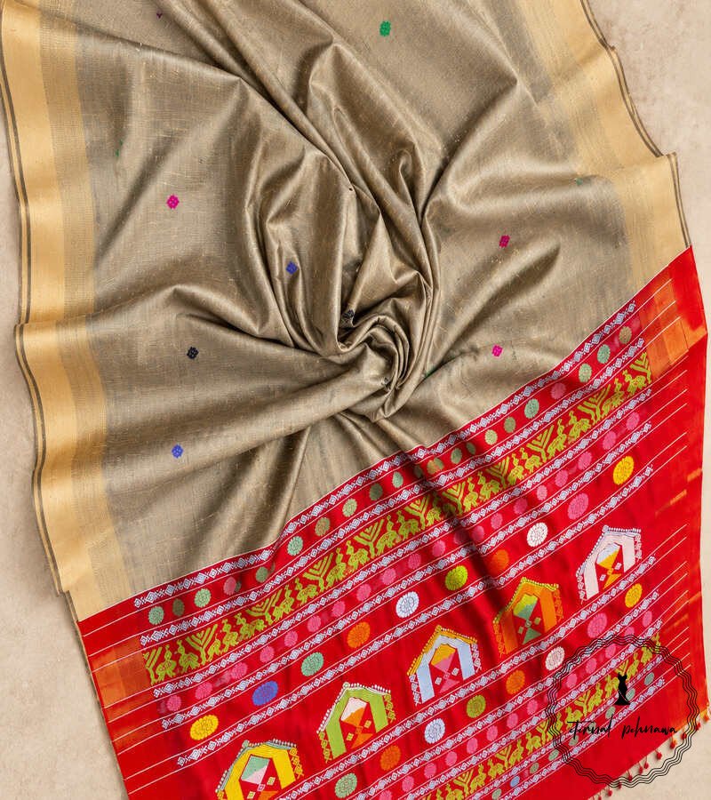 20 Pure Handloom Raw Silk Saree with Zari & Ikkat Border