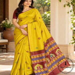 Pure Handloom Raw Silk Saree with Zari & Ikkat Border