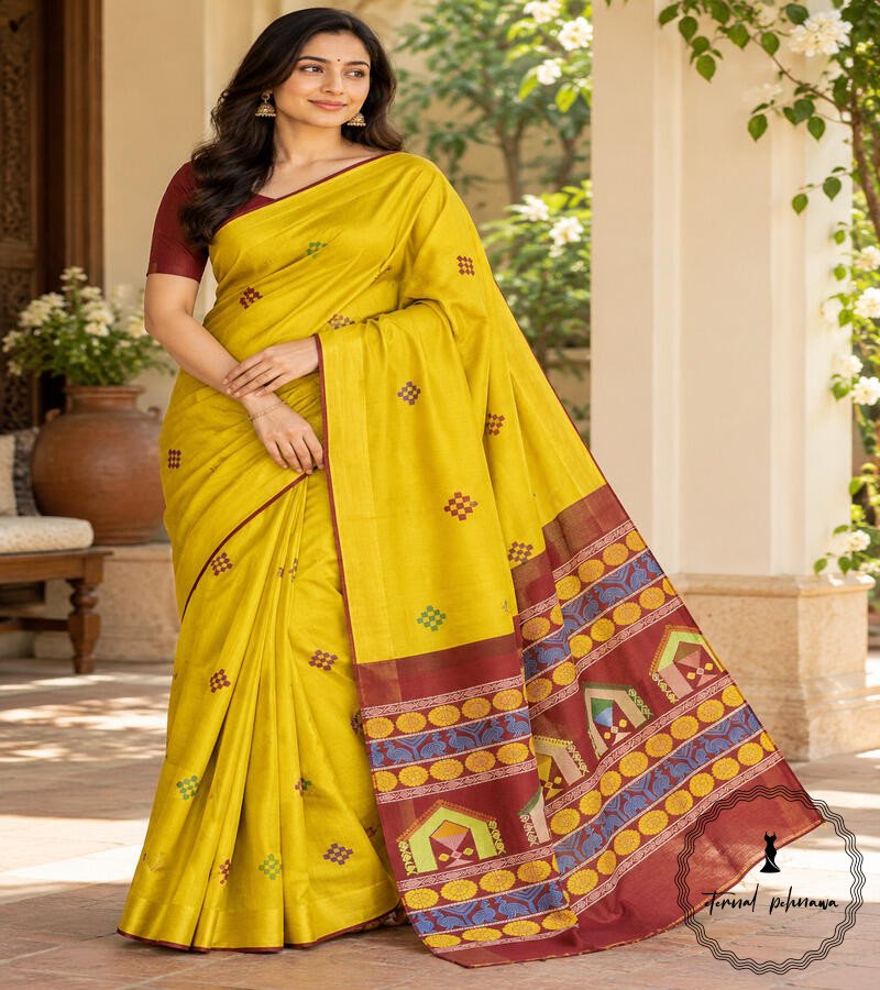 21 Pure Handloom Raw Silk Saree with Zari & Ikkat Border