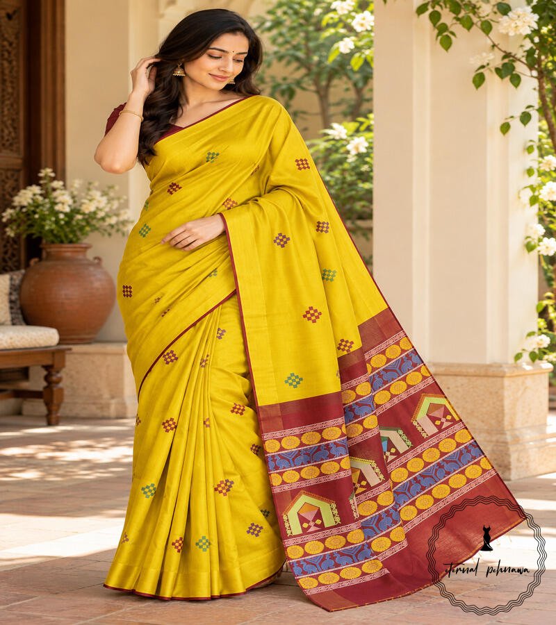 22 Pure Handloom Raw Silk Saree with Zari & Ikkat Border