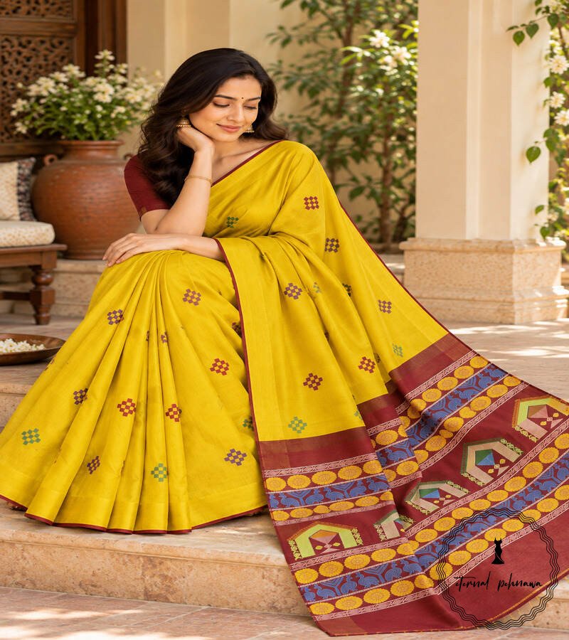 23 Pure Handloom Raw Silk Saree with Zari & Ikkat Border