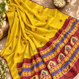 Pure Handloom Raw Silk Saree with Zari & Ikkat Border