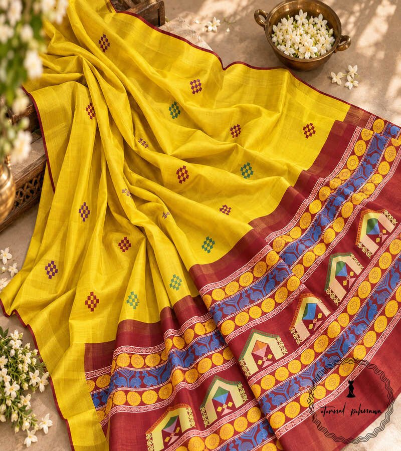 24 Pure Handloom Raw Silk Saree with Zari & Ikkat Border