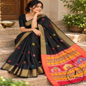 Pure Handloom Raw Silk Saree with Zari & Ikkat Border