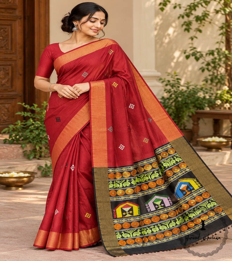 5 Pure Handloom Raw Silk Saree with Zari & Ikkat Border