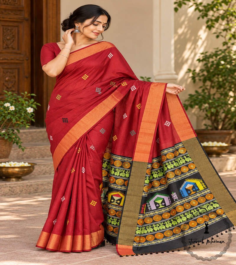 6 Pure Handloom Raw Silk Saree with Zari & Ikkat Border