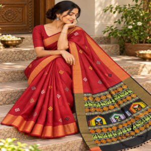 Pure Handloom Raw Silk Saree with Zari & Ikkat Border