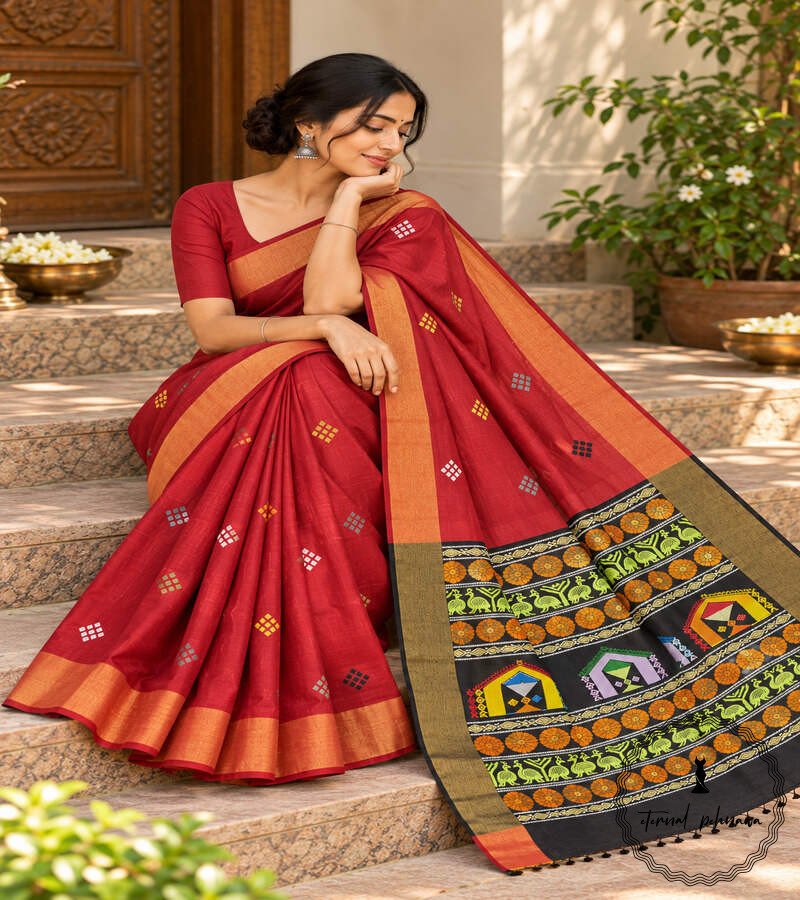 7 Pure Handloom Raw Silk Saree with Zari & Ikkat Border