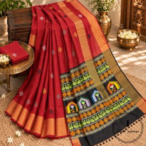 Pure Handloom Raw Silk Saree with Zari & Ikkat Border