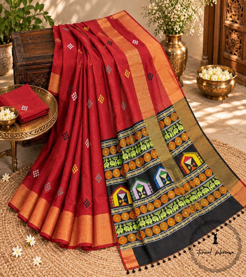 8 Pure Handloom Raw Silk Saree with Zari & Ikkat Border