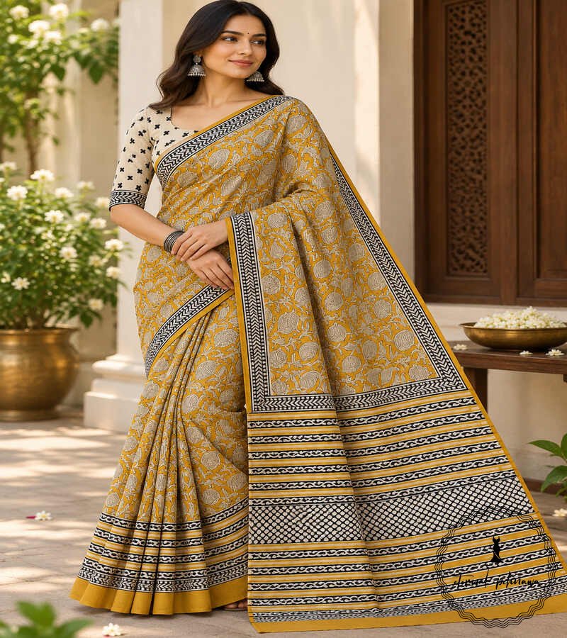 9 Hand Block Printed Mulmul Cotton Printed Saree