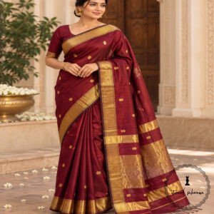 Maheshwari Handloom Golden Jari Border Lotas Buta Multi Colour Saree