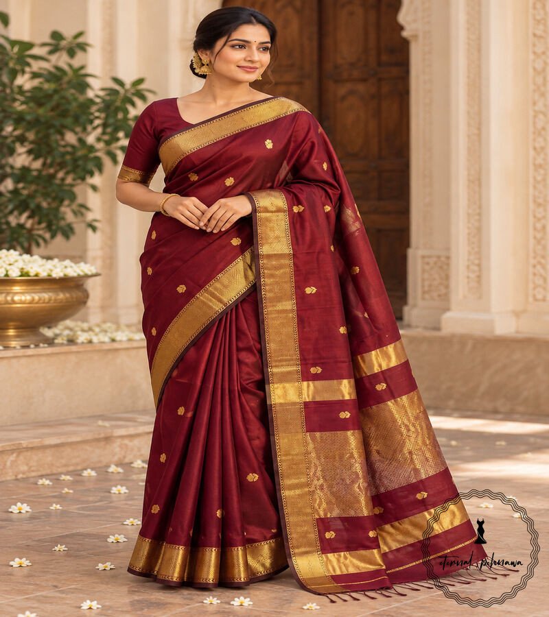 a Maheshwari Handloom Golden Jari Border Lotas Buta Multi Colour Saree