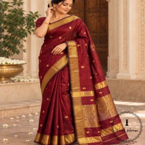 Maheshwari Handloom Golden Jari Border Lotas Buta Multi Colour Saree