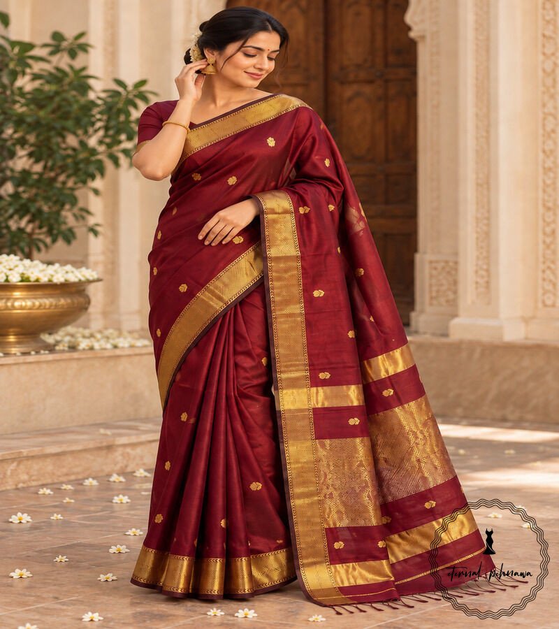 b Maheshwari Handloom Golden Jari Border Lotas Buta Multi Colour Saree