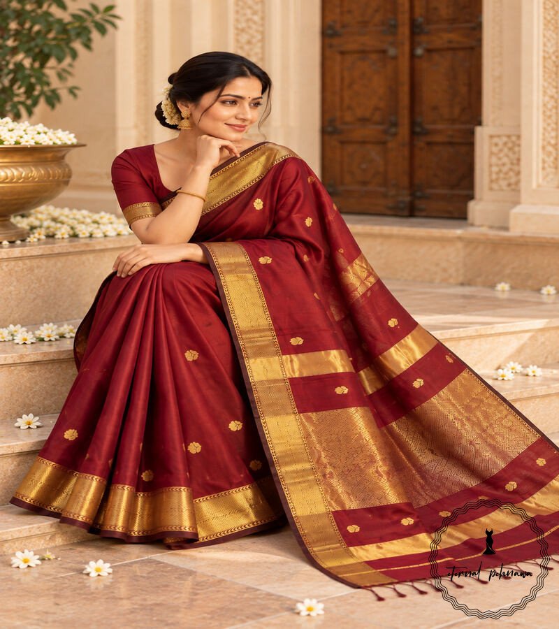 c Maheshwari Handloom Golden Jari Border Lotas Buta Multi Colour Saree