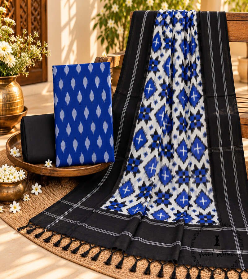 c4 Handwoven Double Ikkat Cotton Dress Material