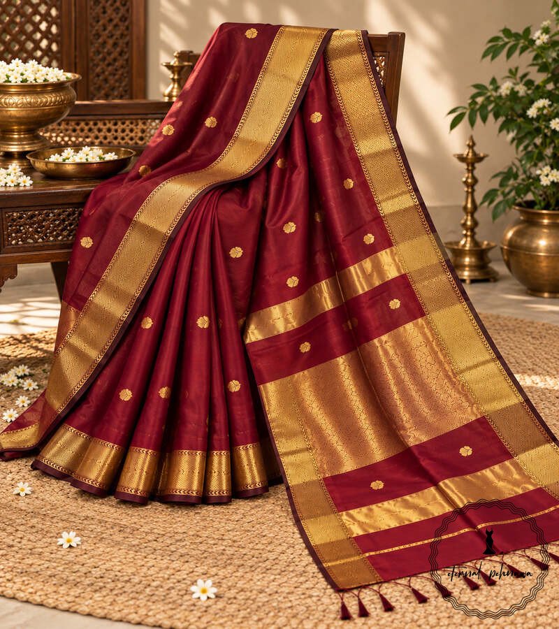 d Maheshwari Handloom Golden Jari Border Lotas Buta Multi Colour Saree