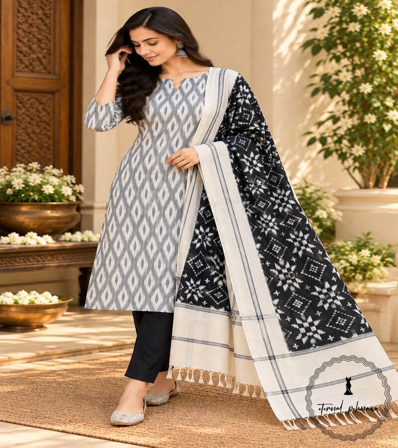 d2 Handwoven Double Ikkat Cotton Dress Material